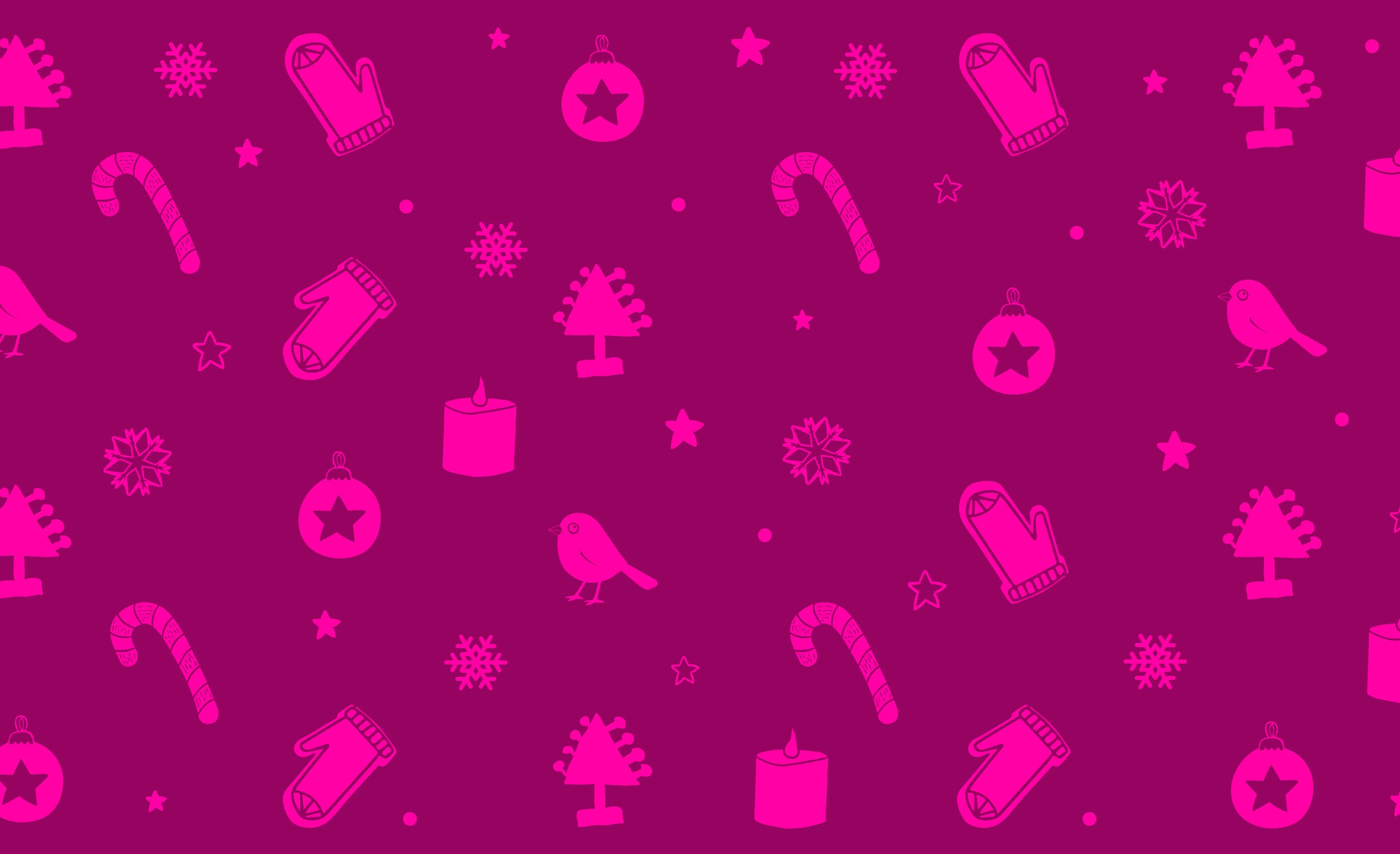 festive patterns of trees snowflakes and decoration on a pink background