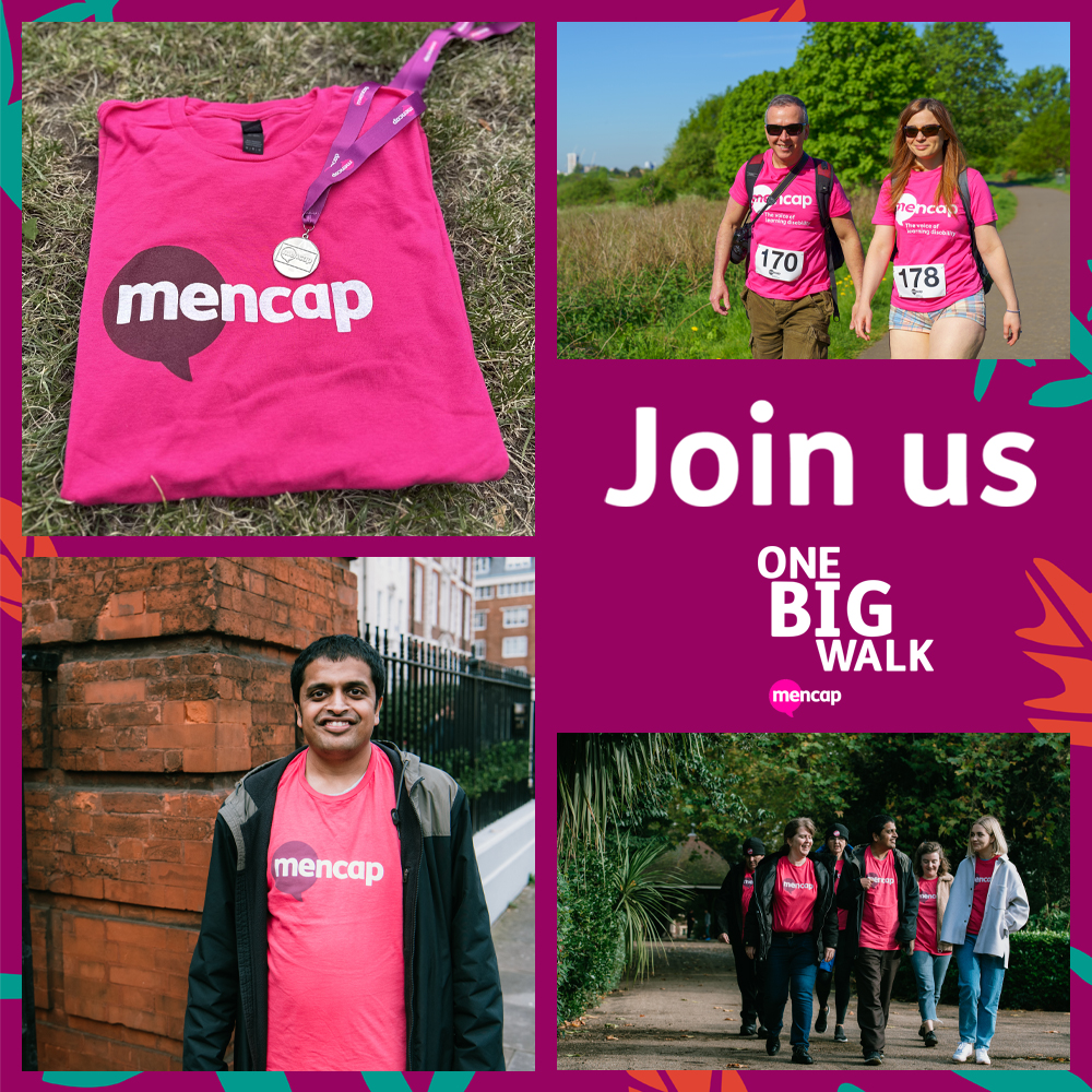 4 square images saying Join us One Big Walk which have images of people walking wearing the Mencap t-shirts and the medal you'll receive 