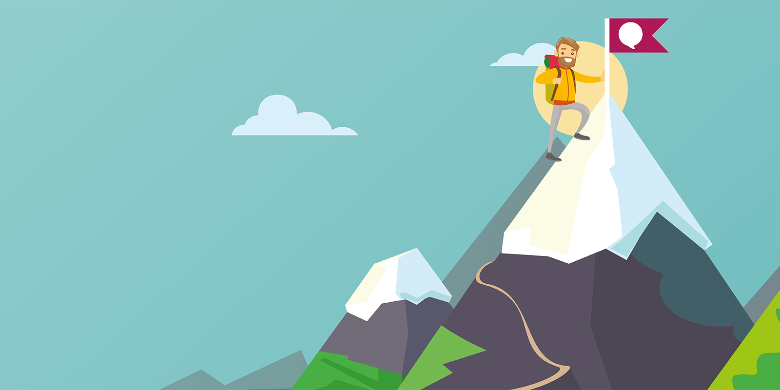 Cartoon image of a person climbing a mountain.