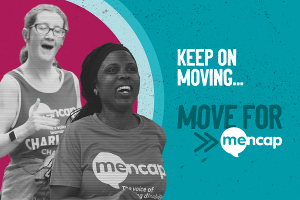 Cartoon image with two female runners next to text that reads "keep on moving" and "Move for Mencap".